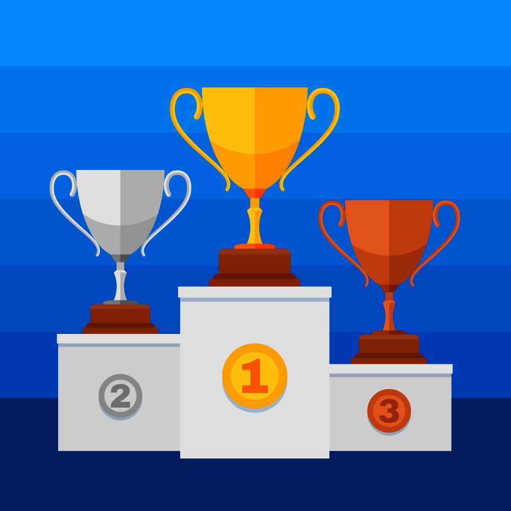 Competition winners podium with gold, silver and bronze trophy cups. Winner sport silver cup and gold. Vector illustration. Competition winners podium with gold, silver and bronze trophy cups