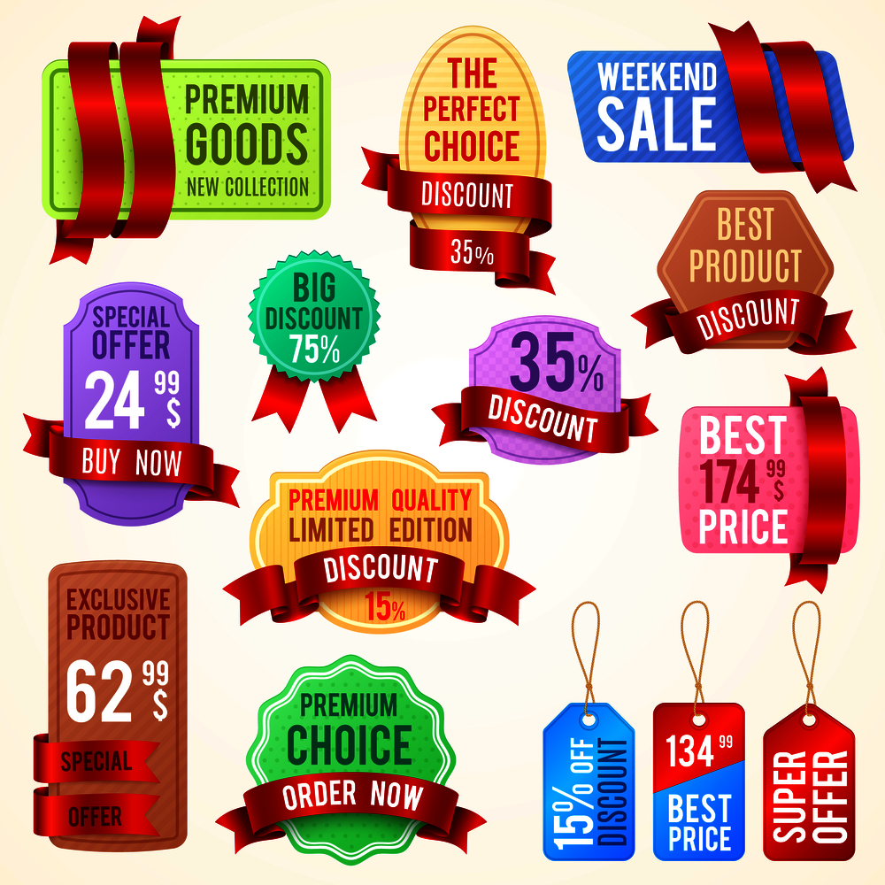 Sale and discount price tags, ribbon banners with promo text. Promotion badges vector set best price and exclusive product, special offer label illustration. Sale and discount price tags, ribbon banners with promo text. Promotion badges vector set