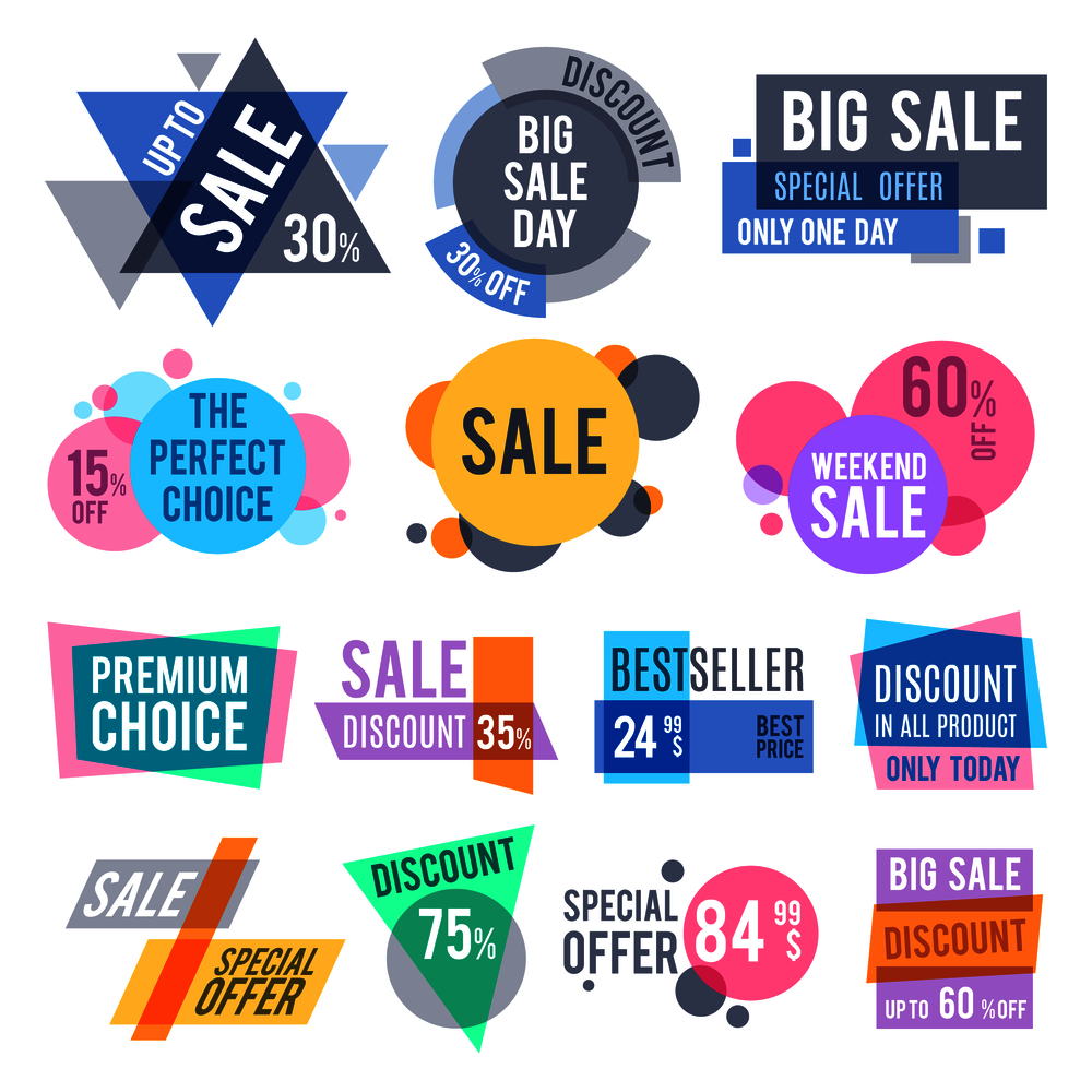 Promotion badges, best offer and price stickers and discount labels vector set. Promotion labels best seller and badge for business illustration. Promotion badges, best offer and price stickers and discount labels vector set