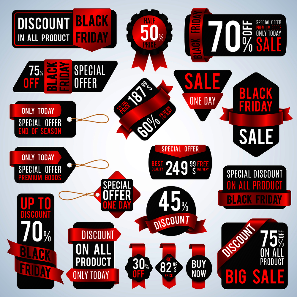 Black friday sale banners and price tag labels, selling card and discount stickers vector set. Discount and offer sticker for shop promotion illustration. Black friday sale banners and price tag labels, selling card and discount stickers vector set