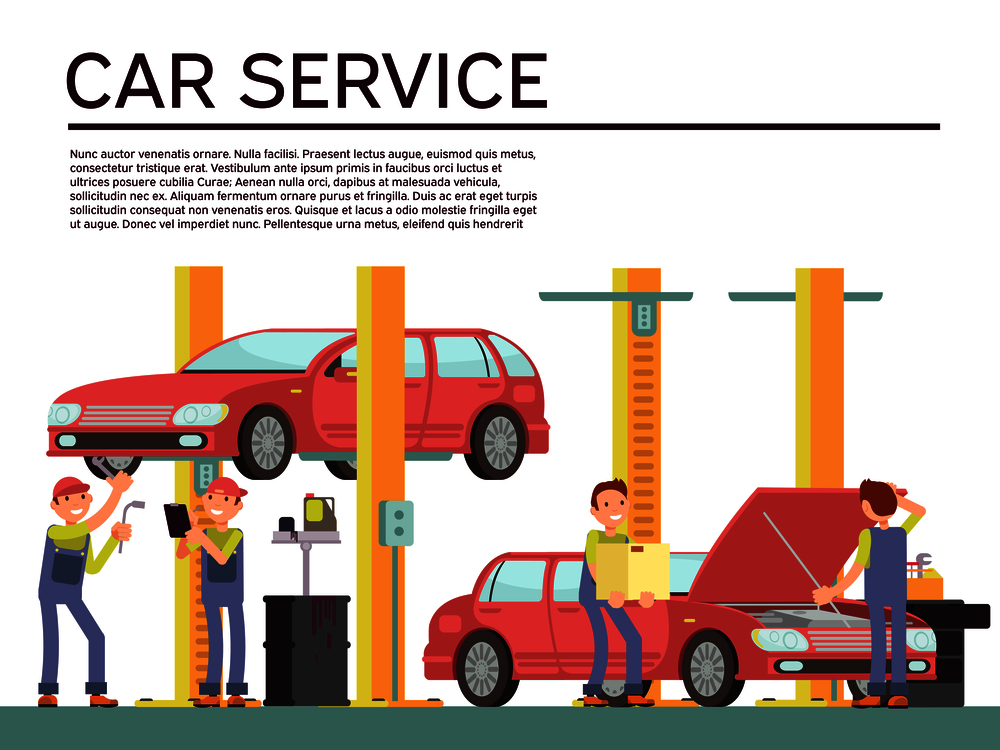 Automobile service and vehicle check vector background with car and mechanics in uniform. Repair car in service garage illustration. Automobile service and vehicle check vector background with car and mechanics in uniform