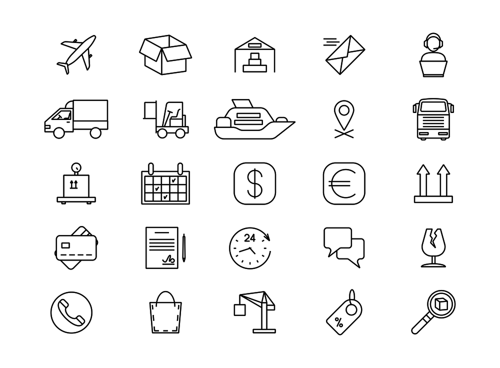 Import and export logistics, shipping and goods delivery, cargo line icons. Delivery and export transportation container, warehouse and distribution logistics illustration. Import and export logistics, shipping and goods delivery, cargo line icons