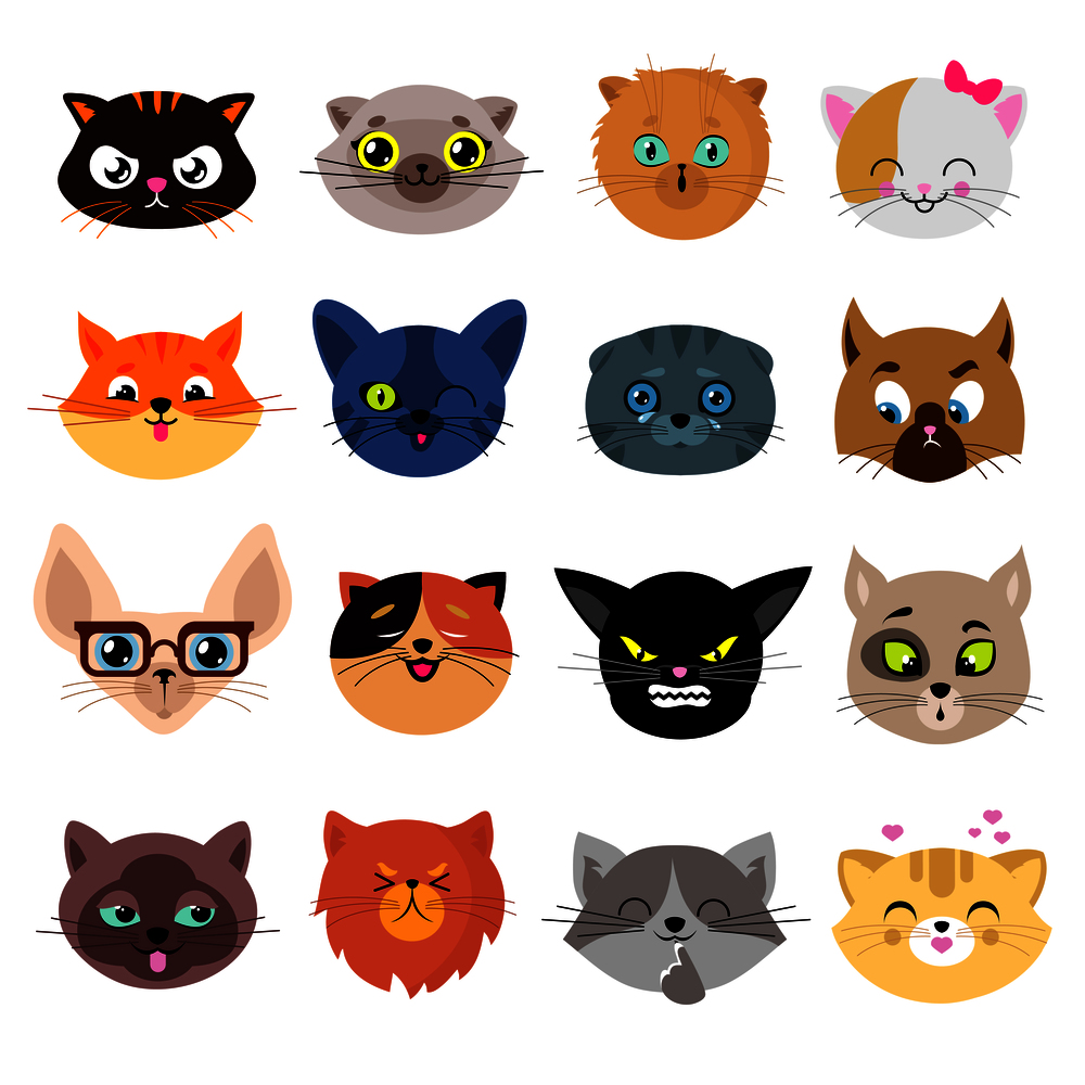 Heads of cute cat characters with different emotions vector. Set of cats head enamored and funny illustration. Heads of cute cat characters with different emotions vector set