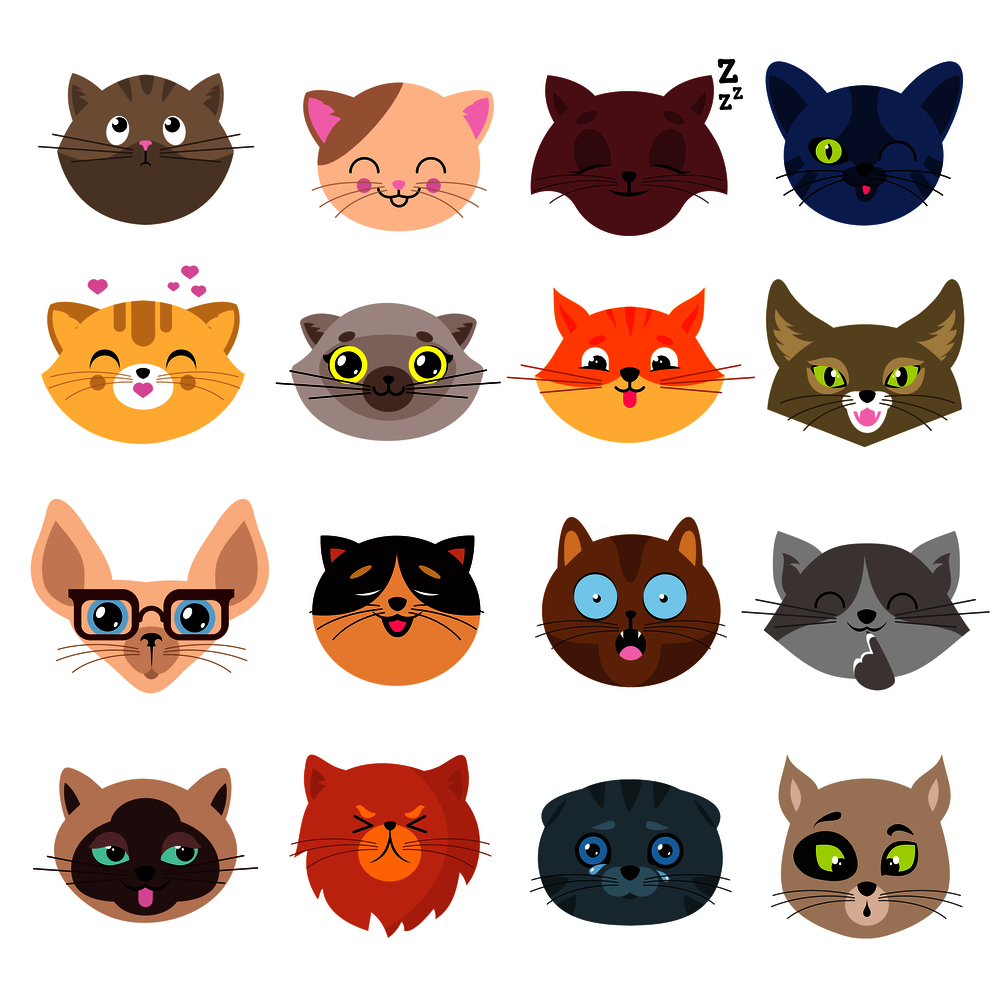 Fun cartoon cat faces. Cute kitten portraits vector set. Cartoon cats animal face illustration. Fun cartoon cat faces. Cute kitten portraits vector set