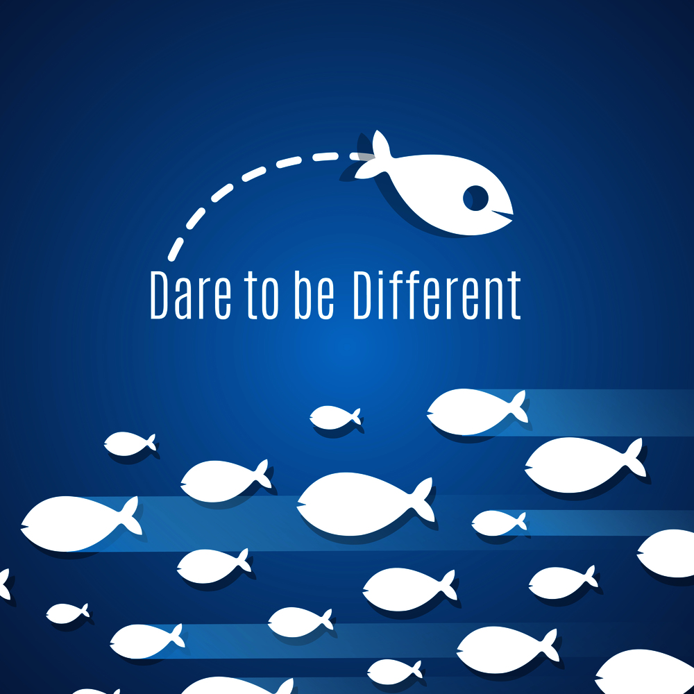 Dare to be different success solution vector concept with small fishes group. Illustration of individual leadership, inventive and fearless. Dare to be different success solution vector concept with small fishes group