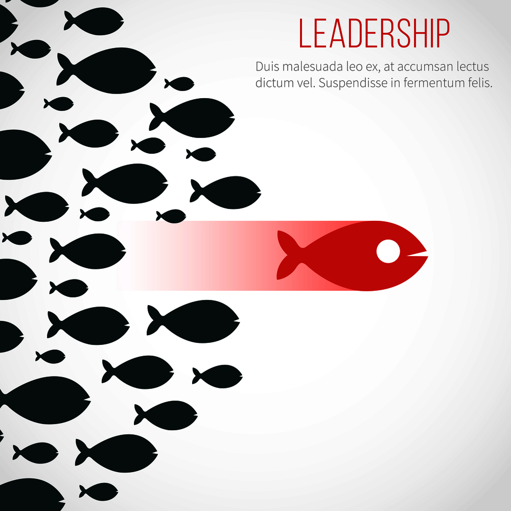 Business leadership vector concept with red leader fish and winning team. Leadership business, fish group illustration. Business leadership vector concept with red leader fish and winning team