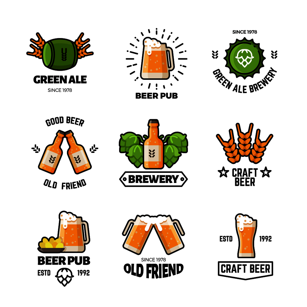 Beer pub vector logos and emblems. Brewery and brewing business vintage labels. Brewery beer emblem, pub and bar label logo illustration. Beer pub vector logos and emblems. Brewery and brewing business vintage labels