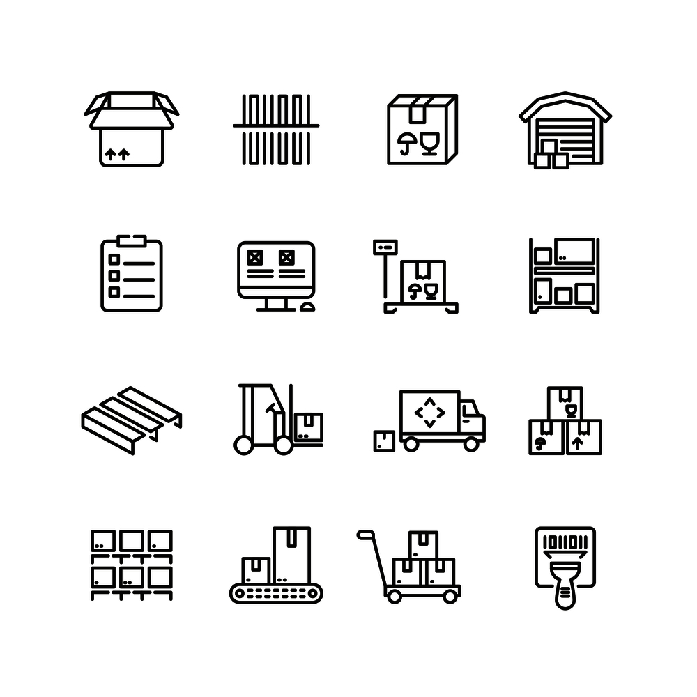 Storage service, warehouse, package delivery and equipment vector line icons. Freight and package, cargo container storage illustration. Storage service, warehouse, package delivery and equipment vector line icons