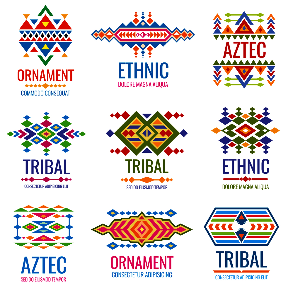 Vintage american indian vector logo set. Business brand identity in tribal mexican style. Vintage color pattern logo business illustration. Vintage american indian vector logo set. Business brand identity in tribal mexican style