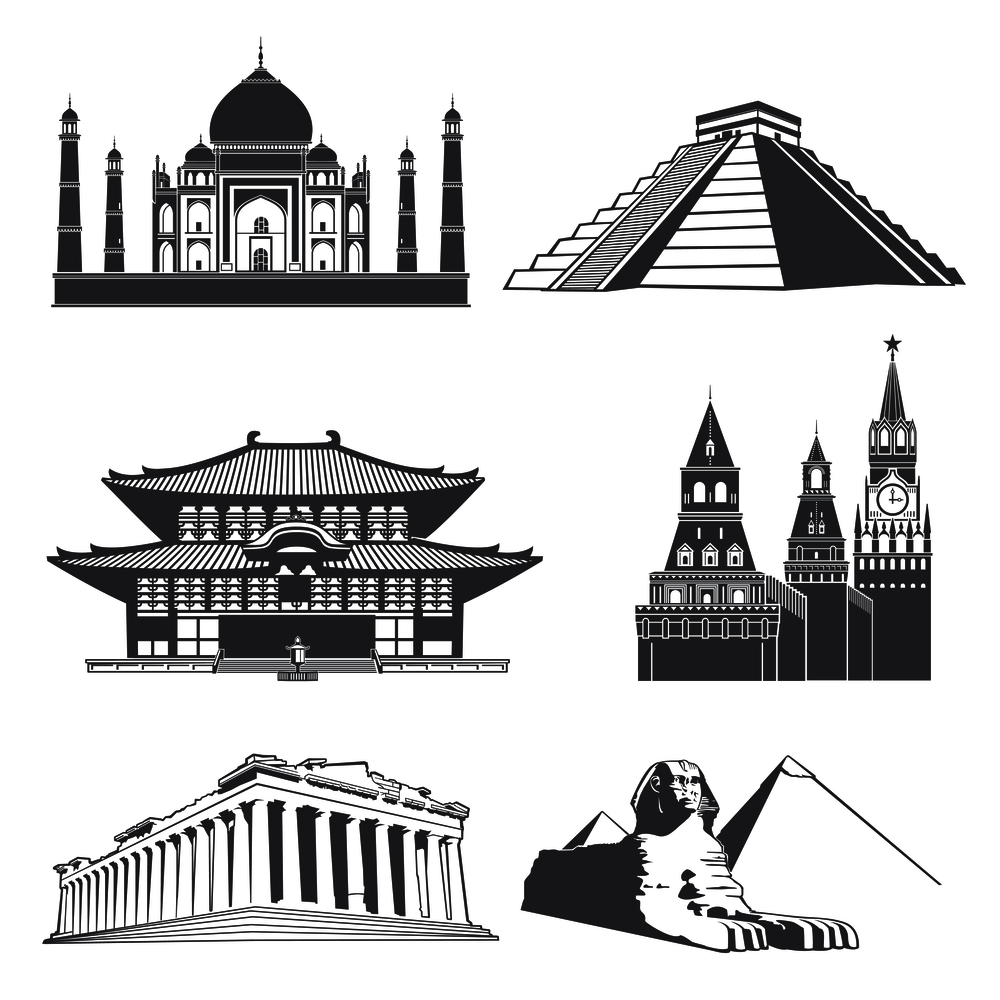 Travel silhouette landmarks with famous world monuments vector set. Famous monument statue and temple architecture illustration. Travel silhouette landmarks with famous world monuments vector set