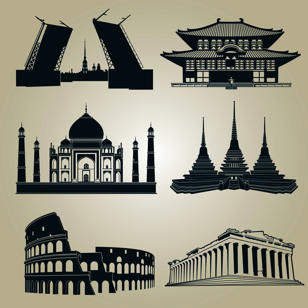 Vector silhouettes of world tourist attractions. Famous landmarks and destination symbols pantheon and taj mahal, coliseum and famous landmark illustration. Vector silhouettes of world tourist attractions. Famous landmarks and destination symbols