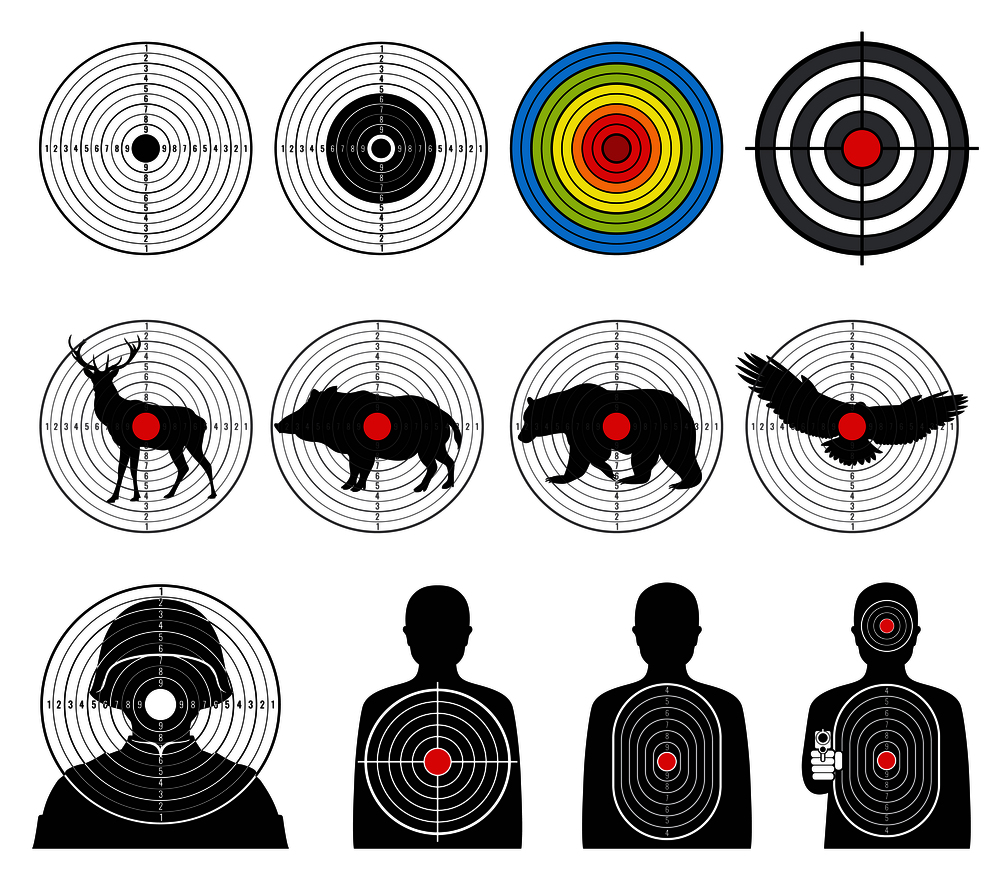 Targets for shooting with silhouette man and animals vector set. Target silhouette animal and man illustration. Targets for shooting with silhouette man and animals vector set