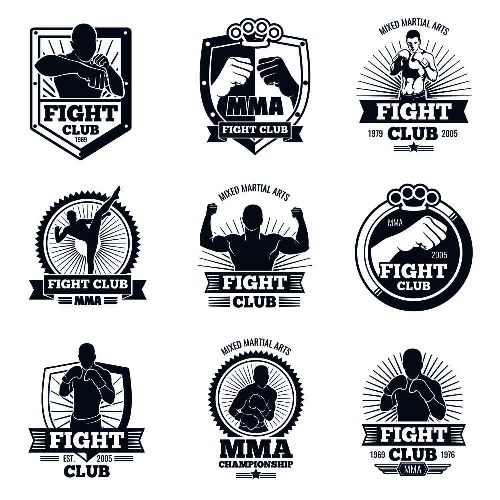 Retro mma vector emblems and labels. Fight club vintage logos. Emblem logo sport boxing and mma club illustration. Retro mma vector emblems and labels. Fight club vintage logos
