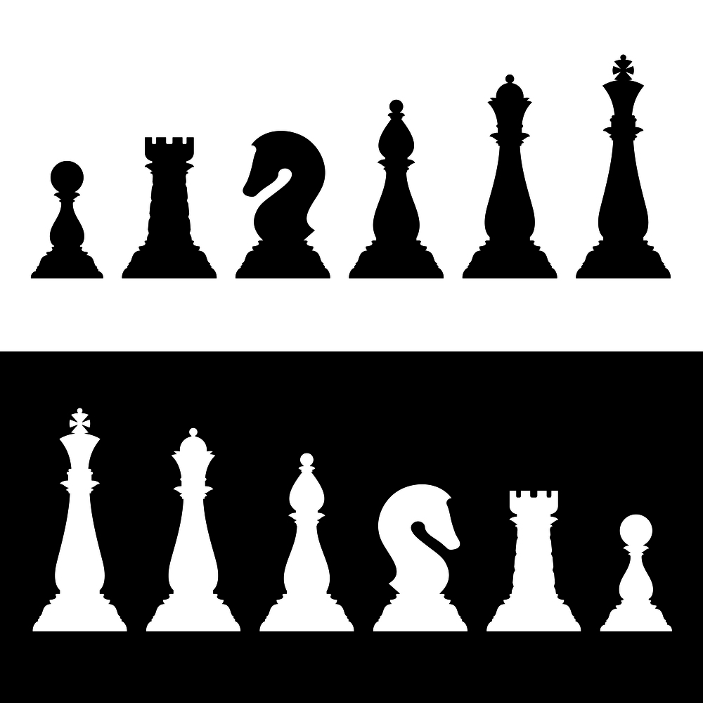 Chess pieces black silhouettes set. Business strategy vector icons king and queen, knight and bishop, rook and pawn illustration. Chess pieces black silhouettes set. Business strategy vector icons