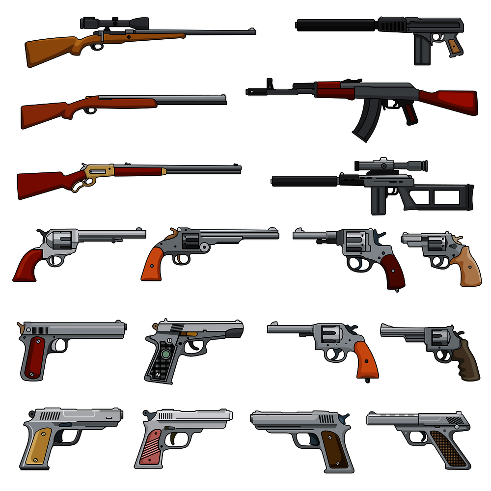 Various rifle, guns and pistols cartoon vector weapons icons. Collection of pistol and gun, shotgun and handgun illustration. Various rifle, guns and pistols cartoon vector weapons icons