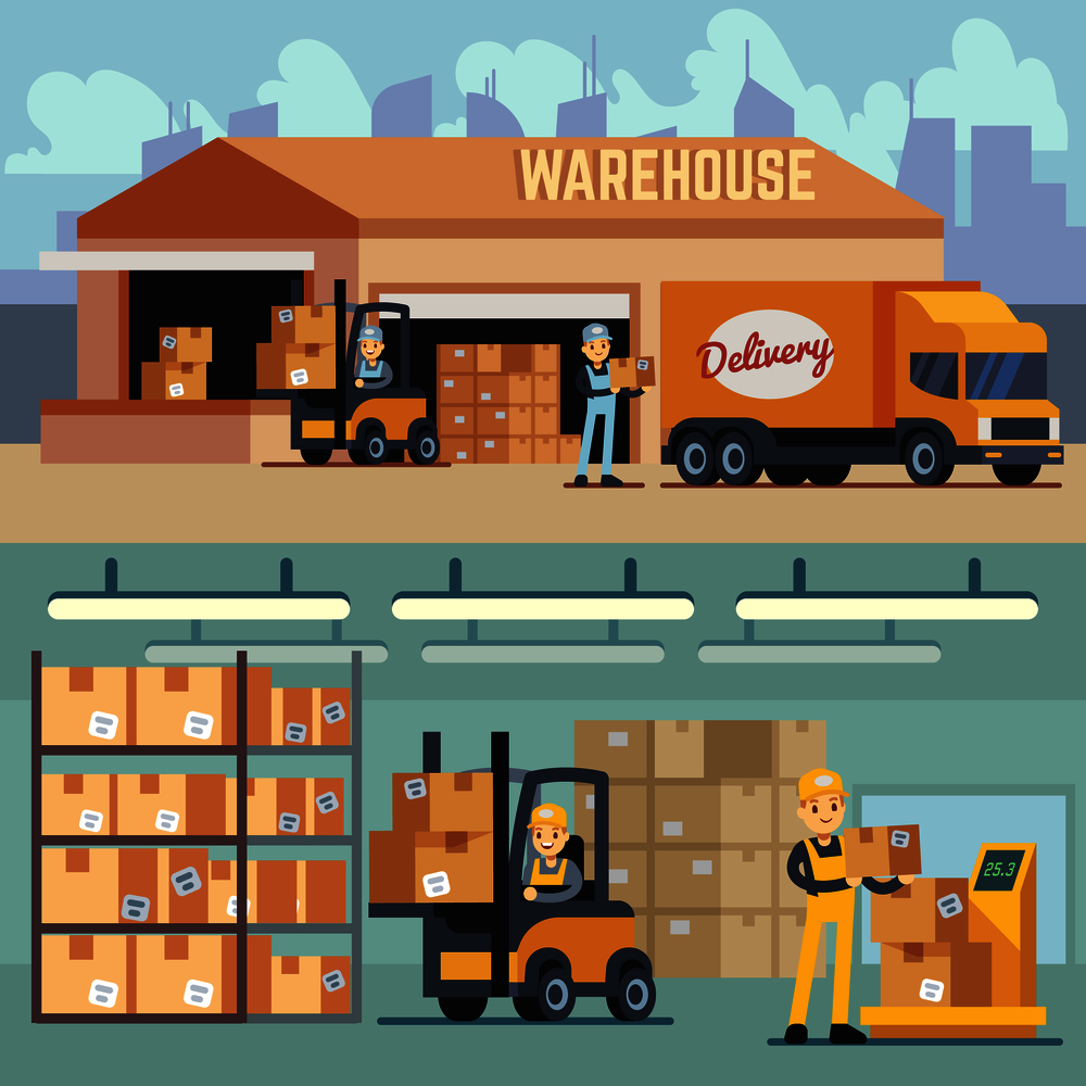 Warehouse storage and shipping logistics vector concept. Storage and transportation cargo, delivery and shipping illustration. Warehouse storage and shipping logistics vector concept