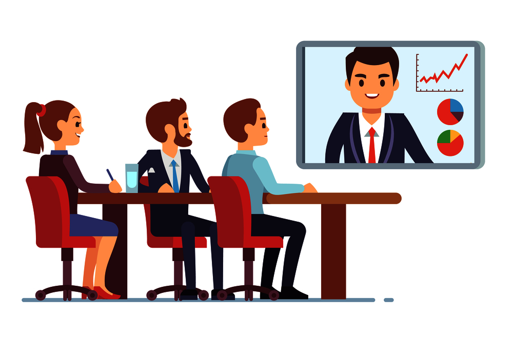 Video meeting in office boardroom with ceo and employees. Business teamwork and digital online communication vector concept. Business video conference office illustration. Video meeting in office boardroom with ceo and employees. Business teamwork and digital online communication vector concept