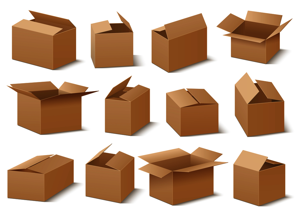 Open and closed cardboard boxes vector set. Brown box collection, cardboard container and crate illustration. Open and closed cardboard boxes vector set