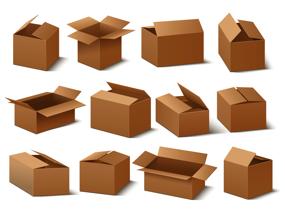 Delivery and shipping carton package. Brown cardboard boxes vector set. Cardboard box for transportation and packaging illustration. Delivery and shipping carton package. Brown cardboard boxes vector set