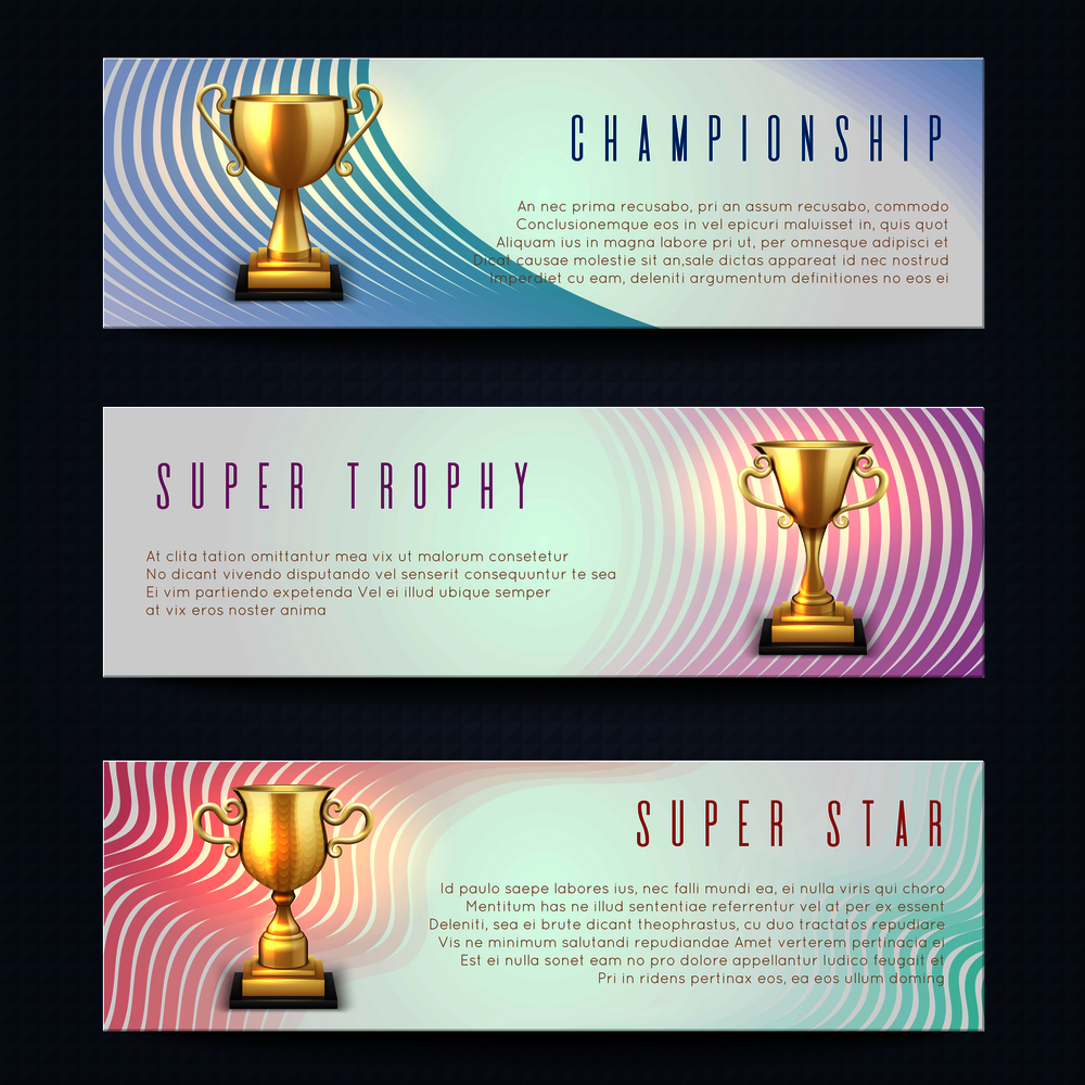 Horizontal banners with sports golden trophy cups vector collection. Super star, championship and trophy banner card illustration. Horizontal banners with sports golden trophy cups vector collection