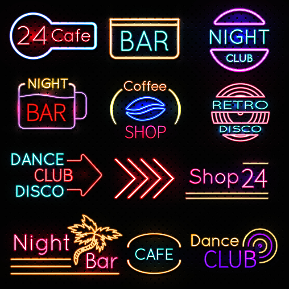 Vintage cafe and night club roadside neon signs vector set. Neon night light signboard roadside, club dance or coffee shop illustration. Vintage cafe and night club roadside neon signs vector set