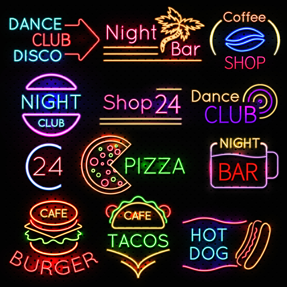 Bright roadside neon signs. Fast food and beer pub light vector icons. Hot dog and burger, tacos and pizza, vector illustration. Bright roadside neon signs. Fast food and beer pub light vector icons