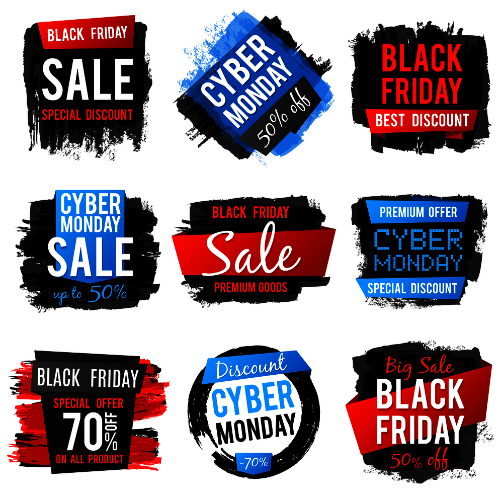 Black friday and cyber monday sale banner with big discount and best offers. Price tags with grunge brush texture and frames. Vector discount banner price collection illustration. Black friday and cyber monday sale banner with big discount and best offers. Price tags with grunge brush texture and frames