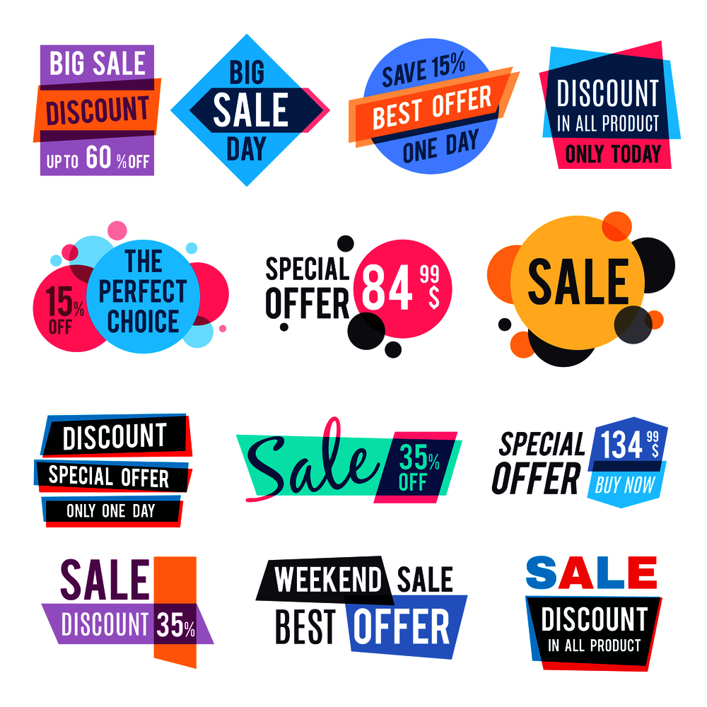 Fashion design pricing tags and discount labels vector templates with color multiply effect. Sale and best offer special illustration. Fashion design pricing tags and discount labels vector templates with color multiply effect