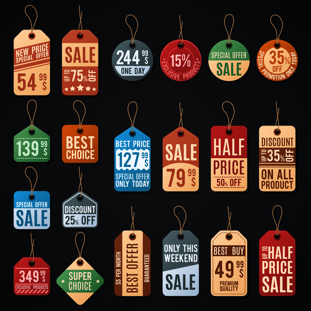 Price tags and sale labels with thread. Retail shopping discount card on rope, different badge promotion illustration. Price tags and sale labels with thread