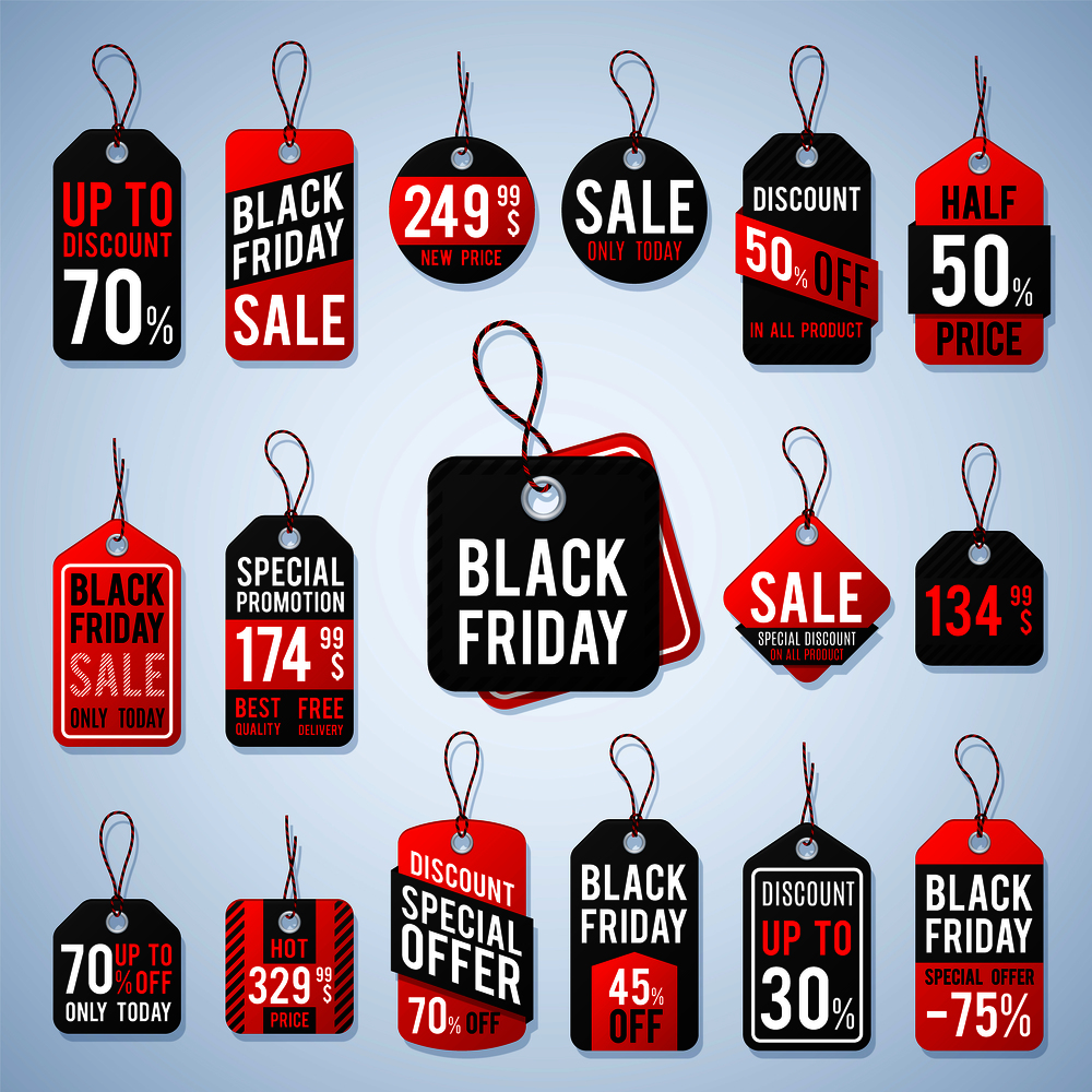 Black friday pricing tags and promotion labels with cheap prices and best offers. Retail vector sign, black friday sign sale, retail label offer promotion illustration. Black friday pricing tags and promotion labels with cheap prices and best offers. Retail vector sign
