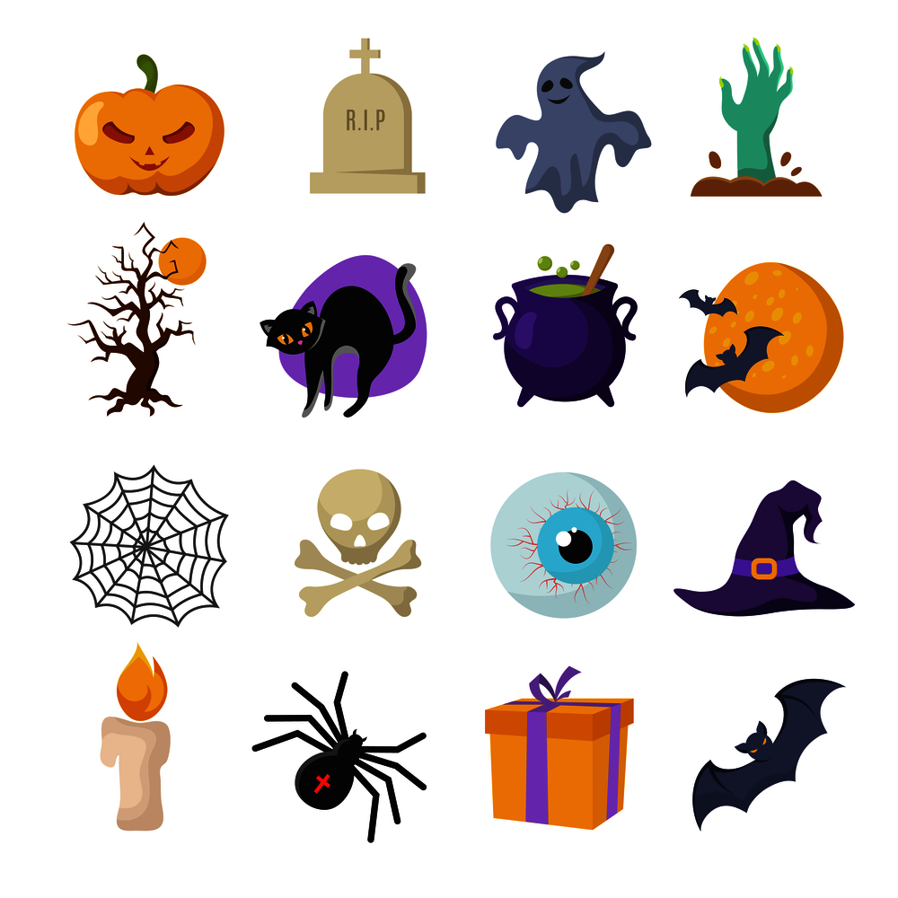 Halloween cartoon vector cute characters. Ghost and witches hat, pumpkin and bat icons. Halloween cartoon vector cute characters
