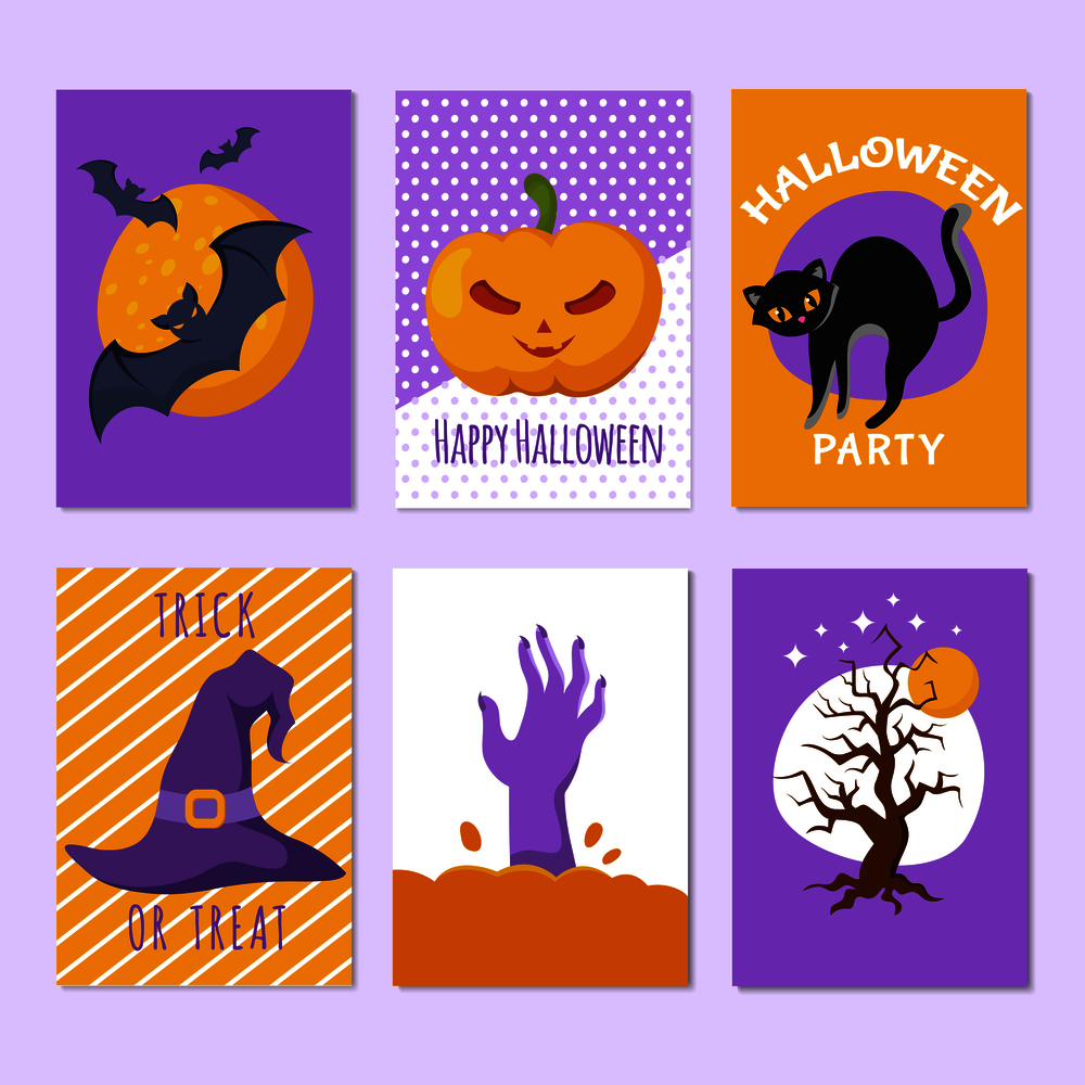Halloween party posters and invitation cards with cartoon scary signs and characters. Horror backgrounds vector set. Halloween party posters and invitation cards with cartoon scary signs and characters