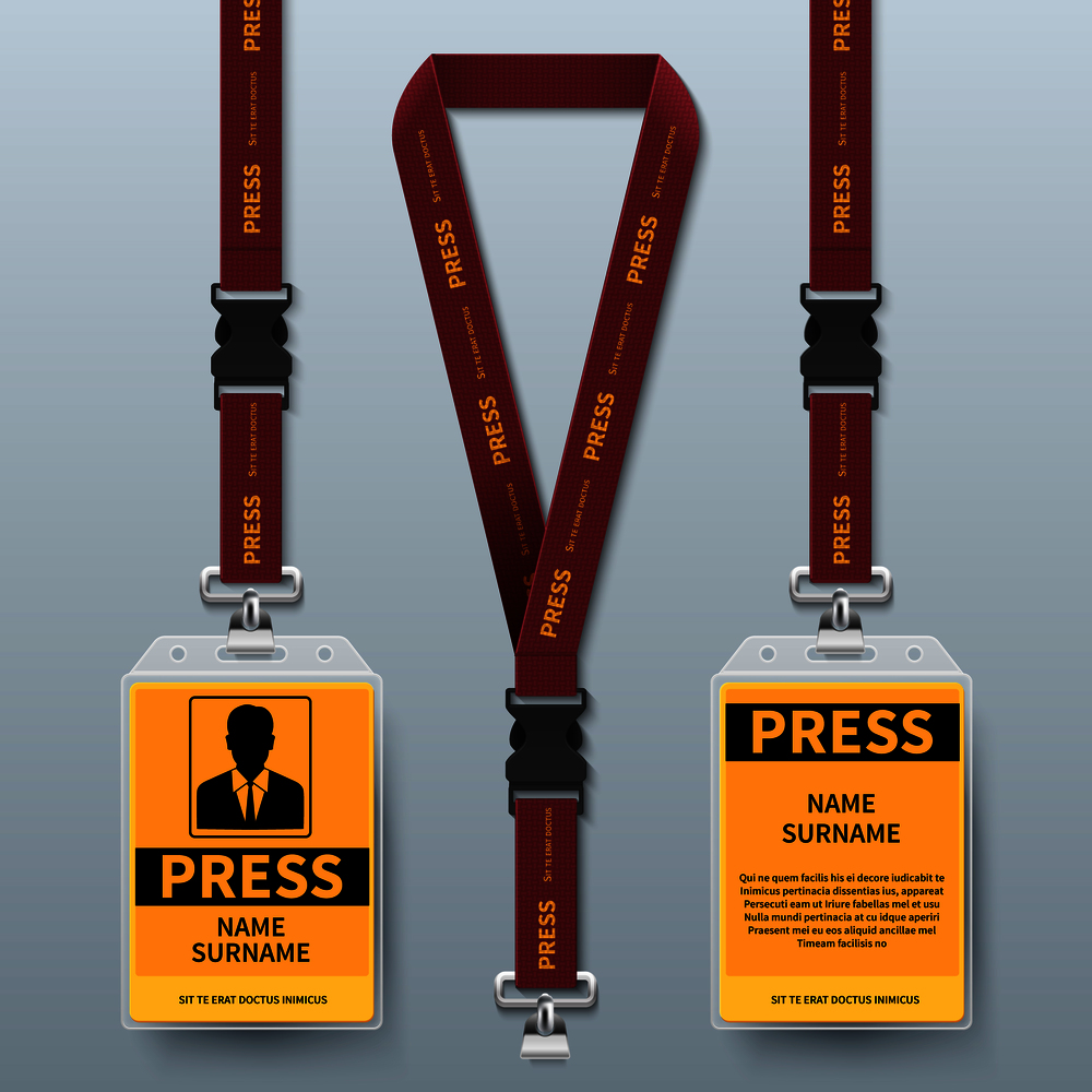 Business press pass id card lanyard badges realistic vector mock up isolated. Holder and lanyard, identity card for security to conference illustration. Business press pass id card lanyard badges realistic vector mock up isolated