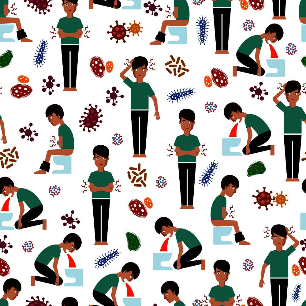 Viral diseases seamless pattern - medicinal seamless texture with sick man and microbes. Vector illustration. Viral diseases seamless pattern - medicinal