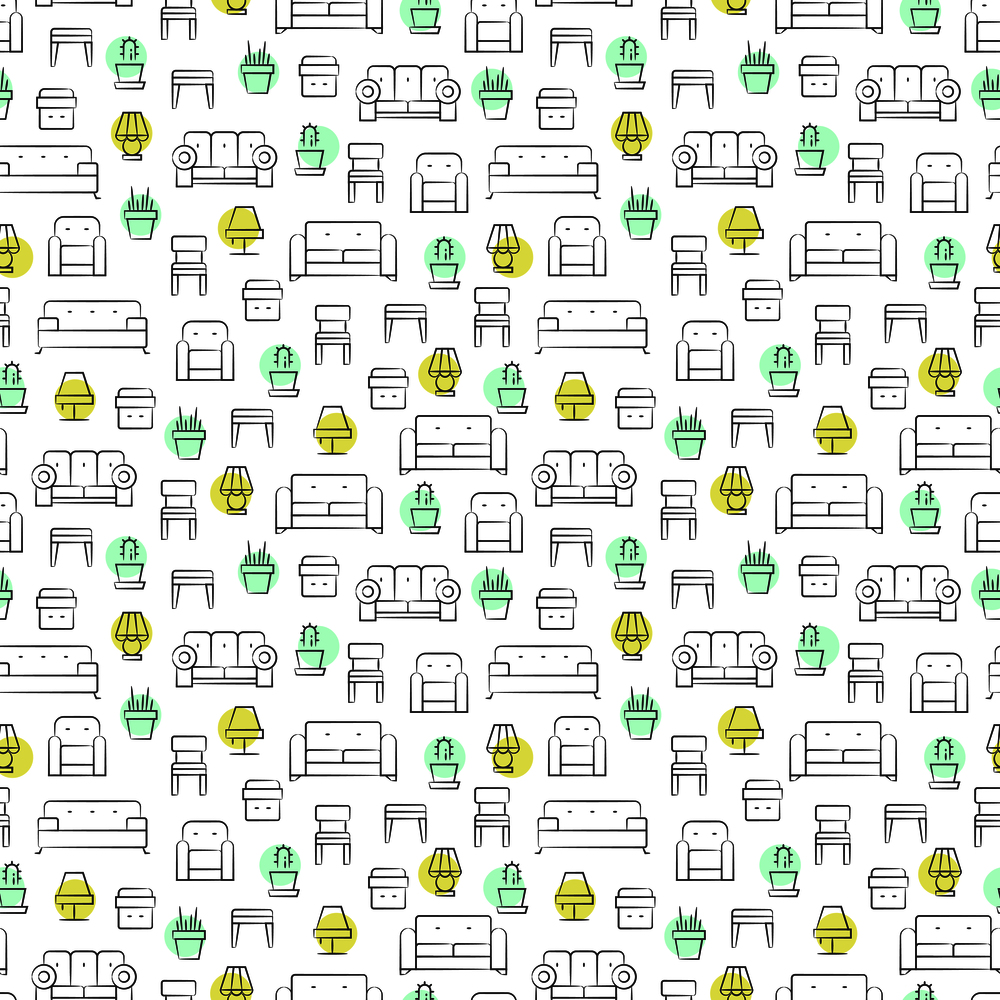 Living room furniture, lamps and pot plants seamless pattern. Background with interior furniture object, vector illustration. Living room furniture, lamps and pot plants seamless pattern