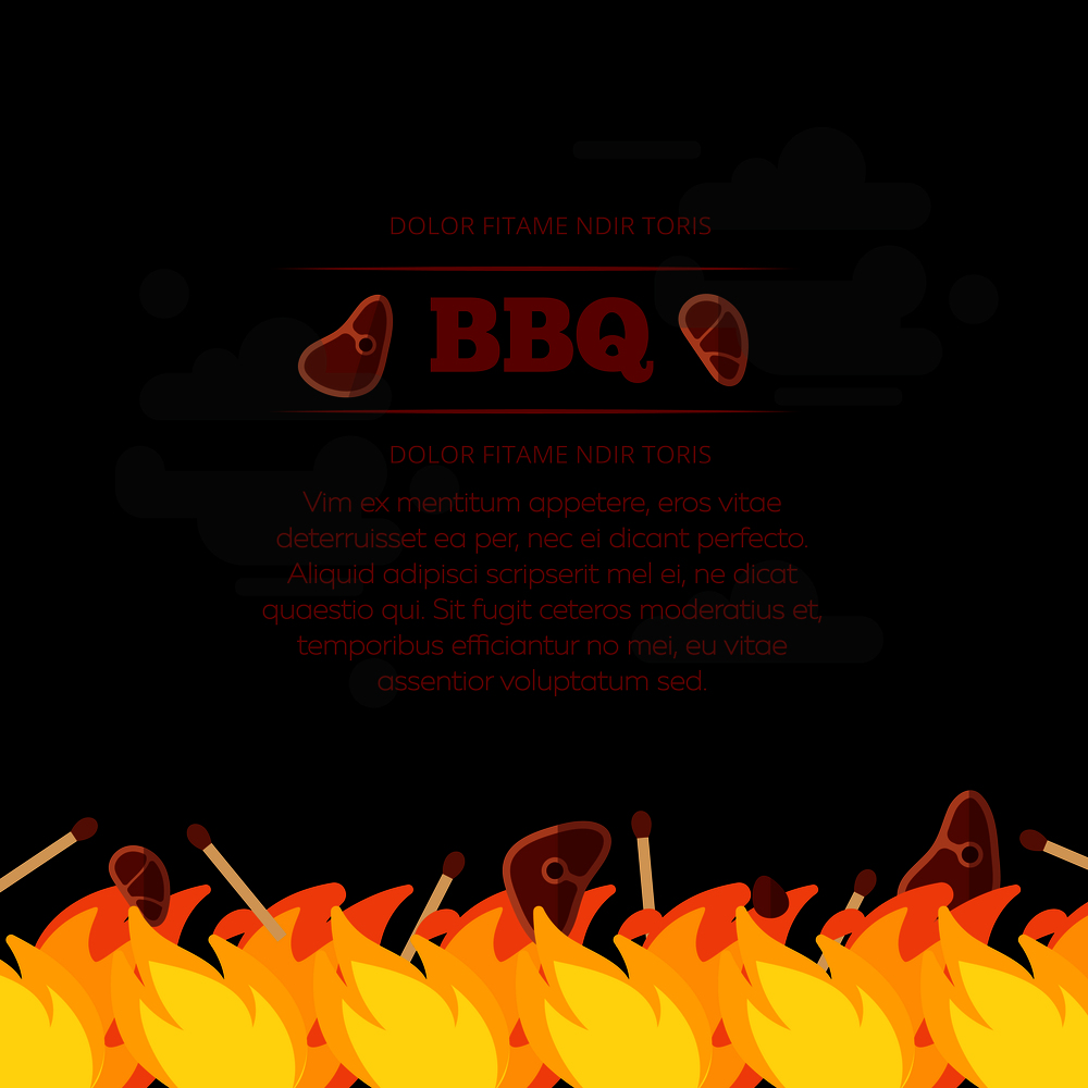 BBQ party poster design with fire and meat. Barbecue design banner. Vector illustration. BBQ party poster design with fire and meat