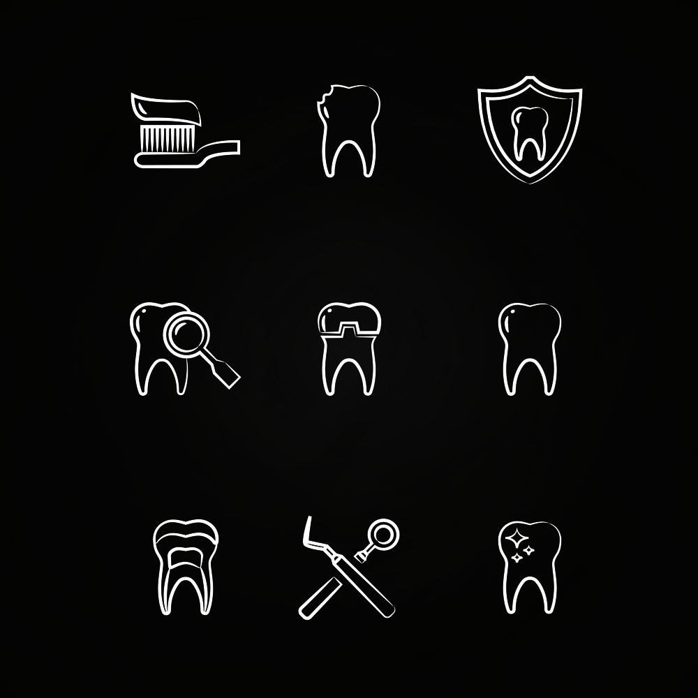 Dental icons set - teeth line icons on chalkboard. Dental set icons drawing, vector illustration. Dental icons set - teeth line icons on chalkboard
