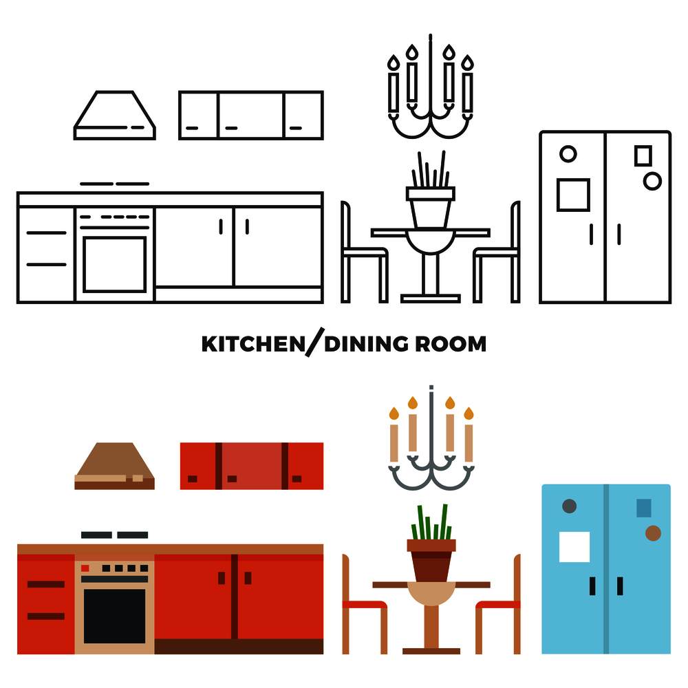 Kitchen and dining room furniture and accessories collection - flat home design icons. Vector illustration. Kitchen and dining room furniture and accessories collection