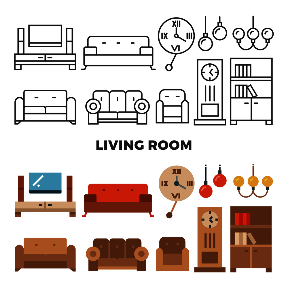 Living room furniture and accessories collection - flat home design icons. Vector illustration. Living room furniture and accessories collection