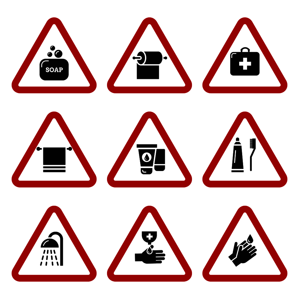 Hygiene, bacteria virus protection attention icons. Antiseptic for hands. Vector illustration. Hygiene, bacteria virus protection icons