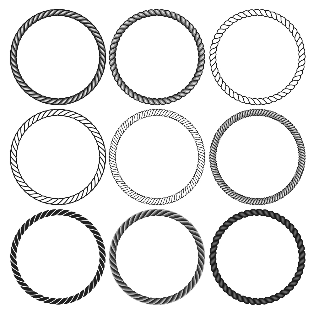 Round rope frames collection on white background. Collection of decorative rounds element. Vector illustration. Round rope frames collection on white background