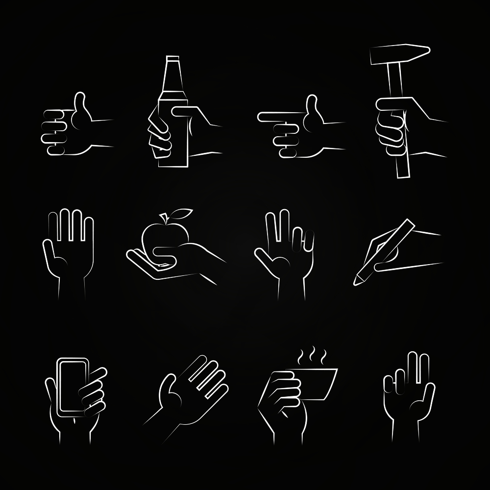 Hand icons with tools and elements on chalkboard. Vector illustration. Hand icons with tools and elements on chalkboard