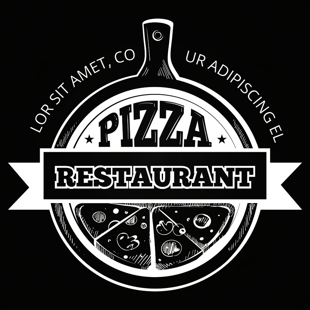 Hand drawn pizzeria label on chalkboard. Banner to pizzeria. Vector illustration. Hand drawn pizzeria label on chalkboard