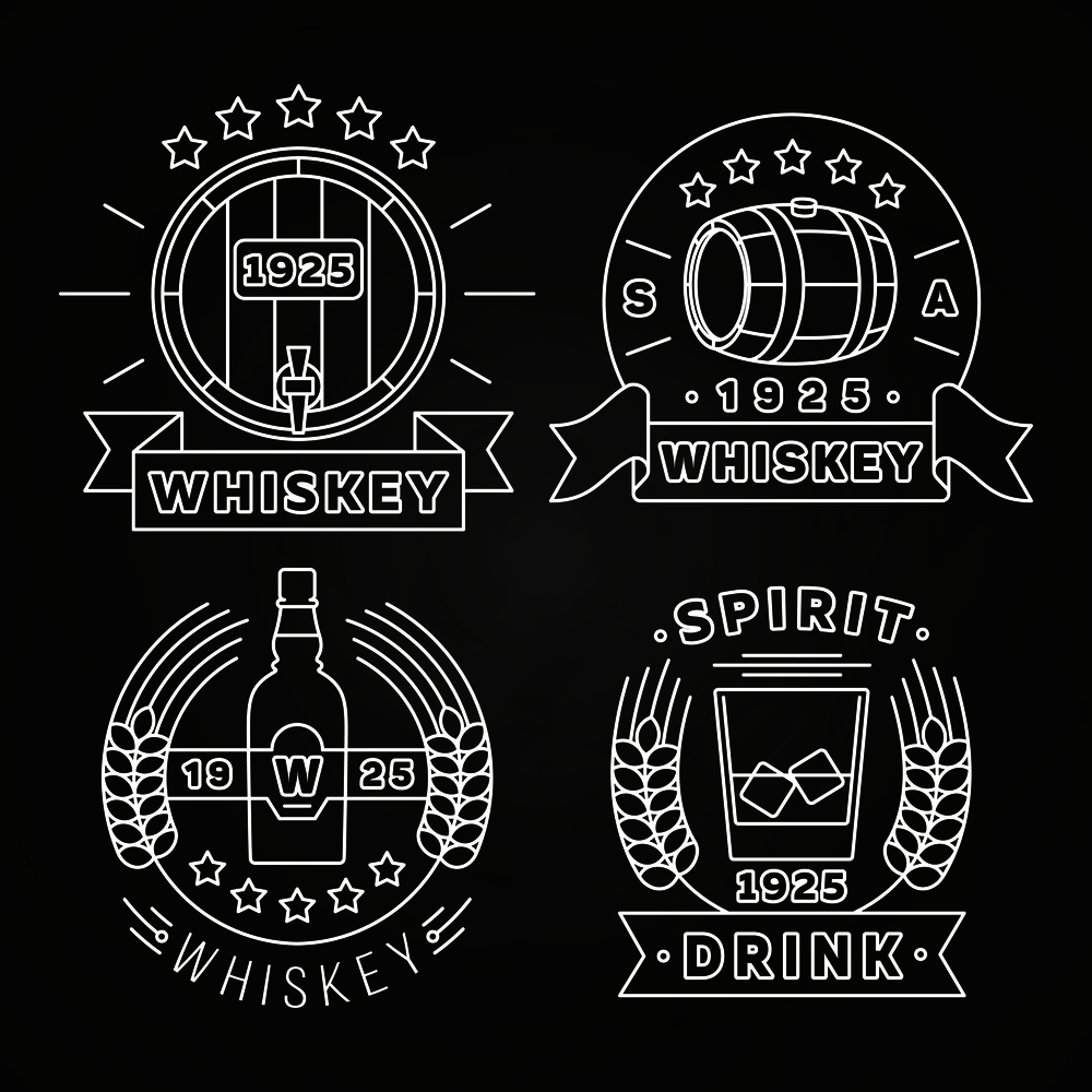 Whiskey and drink labels collection on chalkboard. Alcohol label, vector illustration. Whiskey and drink labels collection on chalkboard