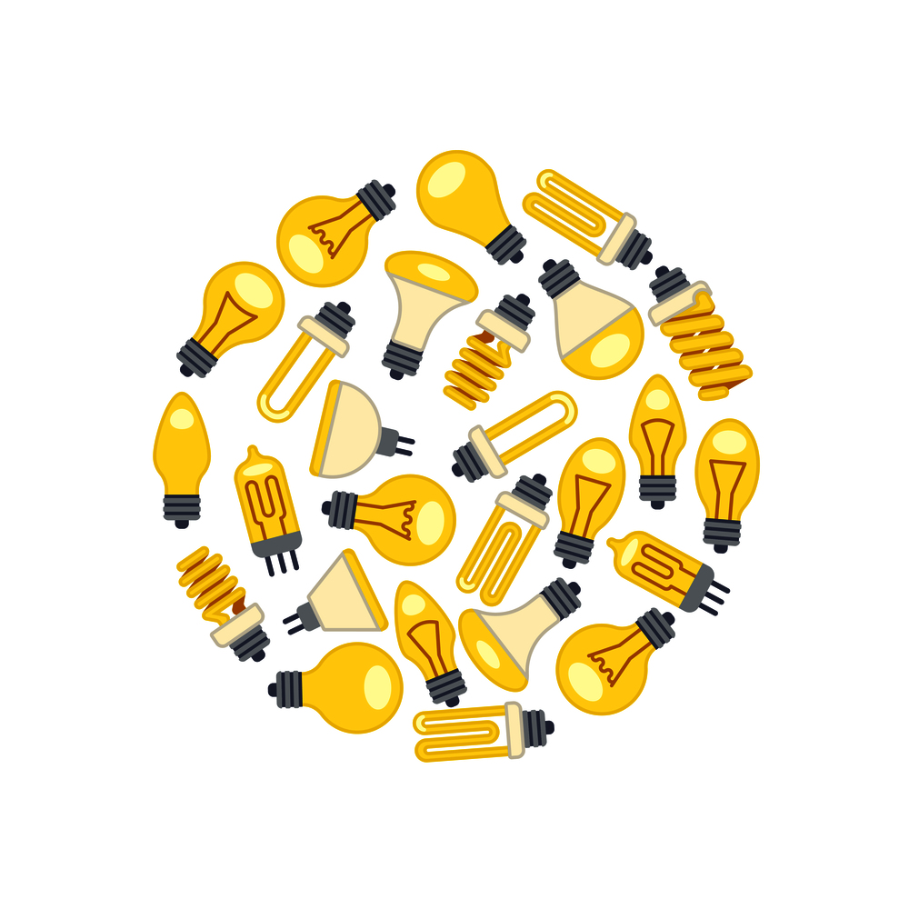 Yellow light bulbs icons in circle on white background. Vector illustration. Yellow light bulbs icons in circle on white background