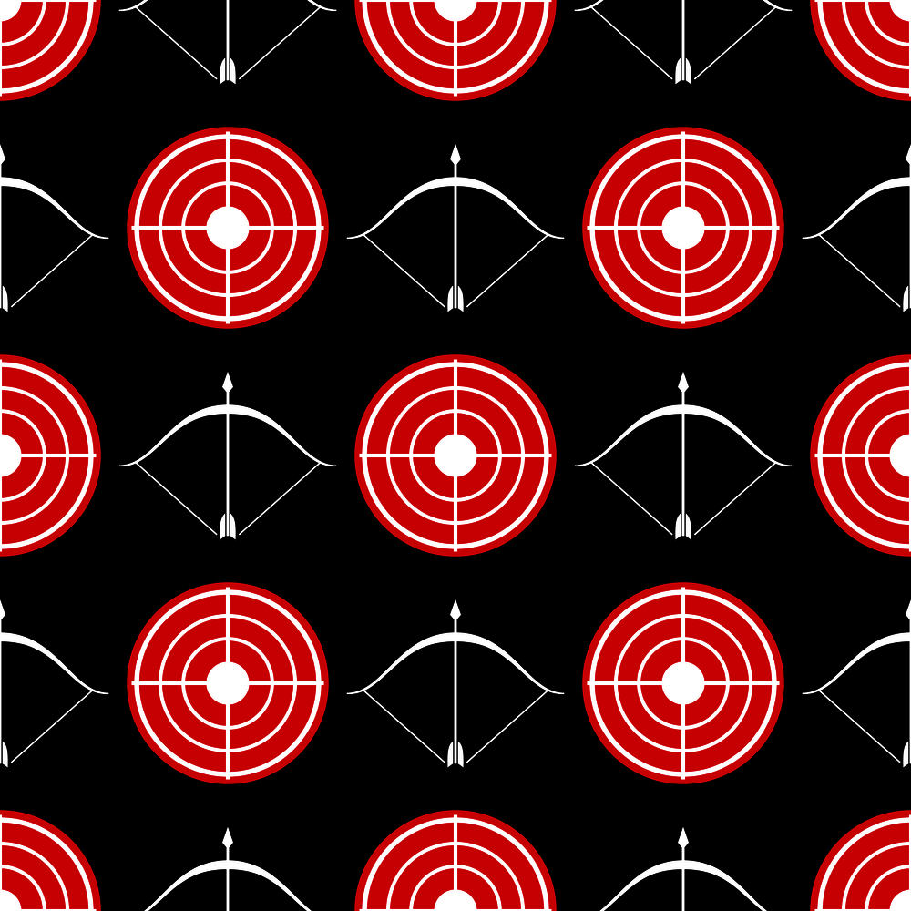 Archery seamless pattern - seamless texture with red target and shootings bow. Vector illustration. Archery seamless pattern - seamless texture red target