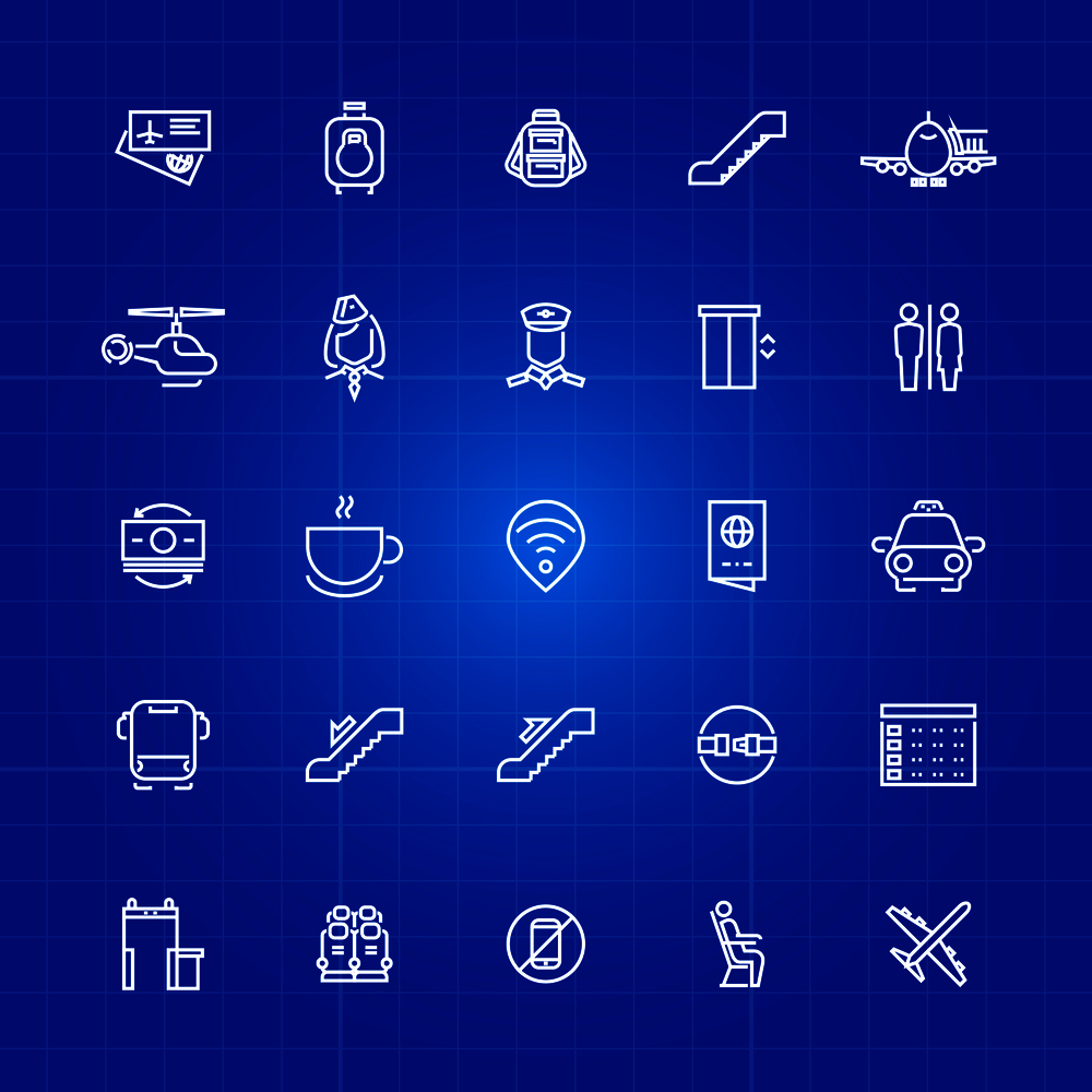 Aviation or airport outline icons set on blue background. Vector illustration. Aviation or airport outline icons set on blue background