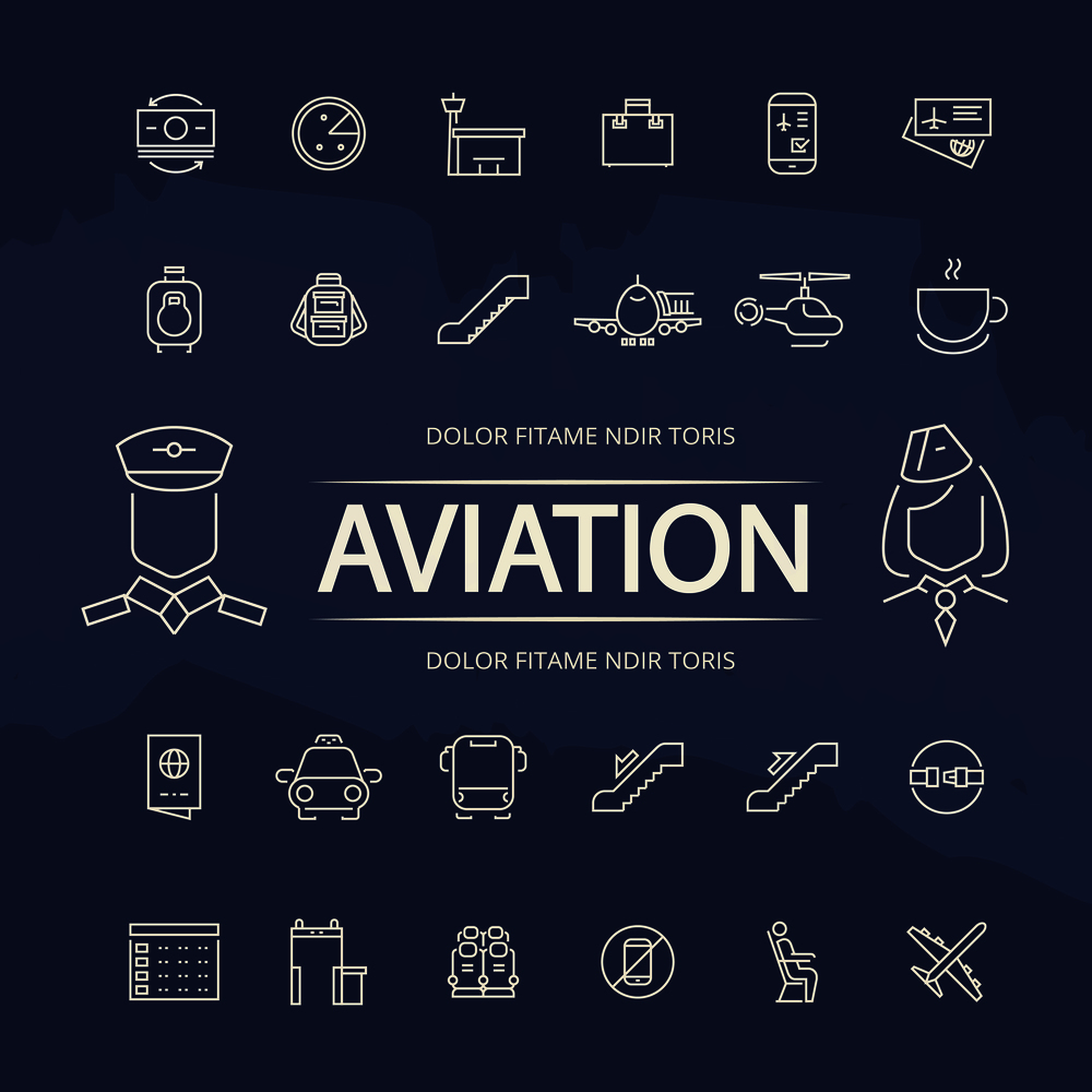 Aviation outline icons collection on blue grunge background. Vector illustration. Aviation outline icons collection