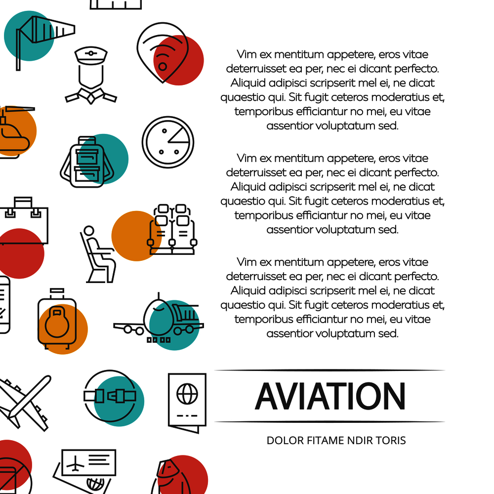 Aviation poster concept with outline icons and colorful elements. Vector illustration. Aviation poster concept with outline icons