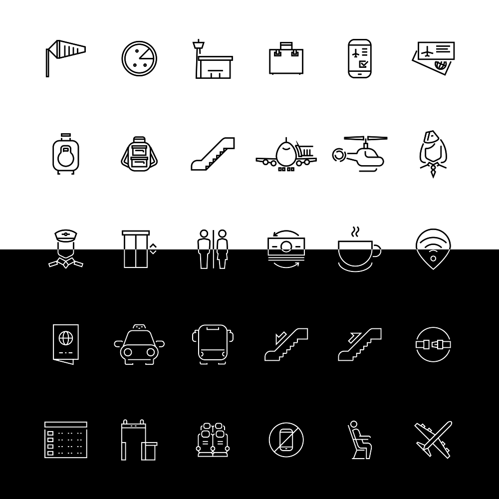 Vector airport line icons - black and white concept. Helicopter and airplane illustration. Vector airport line icons - black and white concept